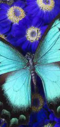 This phone live wallpaper features a stunning digitally created blue butterfly perched on top of blue flowers