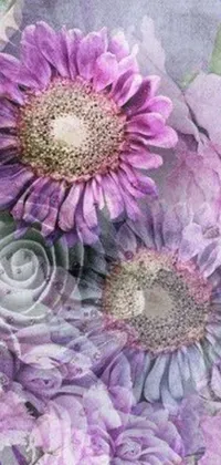 This live wallpaper depicts a stunning bunch of purple flowers on a baroque-style table against a pastel flowery background