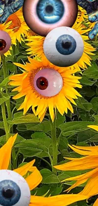This stunning live wallpaper for your phone features a field of eye-catching sunflowers with fake pupil eyes drawn on the petals