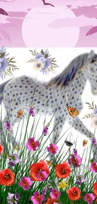 Decorate your phone with this live wallpaper featuring a majestic horse standing in a peaceful field of colorful flowers