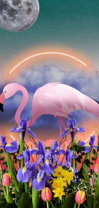 This trendy live wallpaper features two flamingos in a field of flowers with a full moon in the background