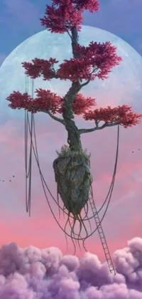 This phone live wallpaper features a surreal tree on top of a cloud with a pink moon in the background