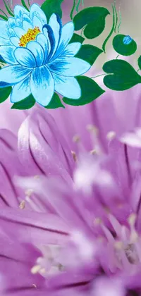 This phone live wallpaper features a close-up view of a purple flower with green leaves, creating visual interest with its intricate details and textures