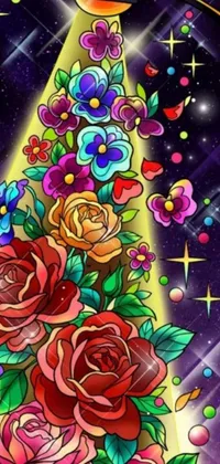 This live phone wallpaper features a beautiful stained glass Christmas tree adorned with red roses