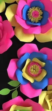 Enjoy a burst of colorful vibrancy with this 3D rendered phone live wallpaper featuring an arrangement of paper flowers in eye-catching shades of turquoise, pink and yellow