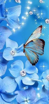 This vibrant phone live wallpaper showcases a stunning blue butterfly perched on a delicate flower