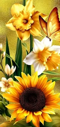 This phone live wallpaper features a stunning digital airbrush painting of a bouquet in vibrant shades of gold and yellow