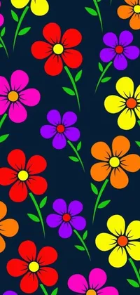 This phone live wallpaper features a bold and vibrant design with a collection of colorful flowers rendered in a playful, naive cartoon style