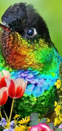 This phone live wallpaper features a colorful bird perched on a tree branch amidst a bed of bright flowers, showcasing vivid hues and a touch of whimsy