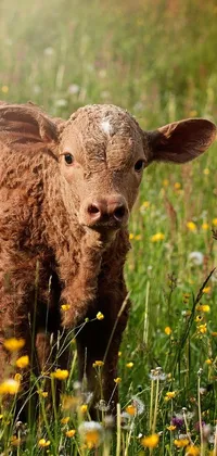 The brown cow live wallpaper for mobile devices features a young and cute cow standing in a lush green field of flowers