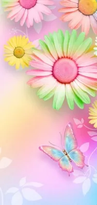 Enhance your phone's display with this stunning live wallpaper featuring an arrangement of colorful flowers in a soft and soothing pastel rainbow palette