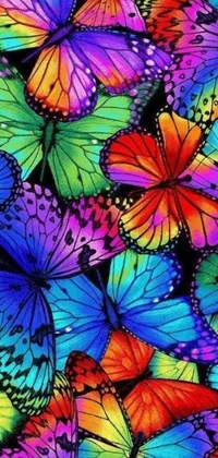 This live wallpaper boasts a vibrant display of multicolored butterflies fluttering against a sleek black background
