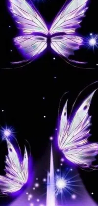 This phone live wallpaper features enchanting purple and white butterflies on a sleek black background