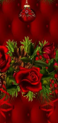Looking for a stunning and romantic live wallpaper for your mobile phone? Check out this beautiful digital art of red roses sitting on a red couch against an evergreen background, which brings out the perfect balance of elegance and warmth