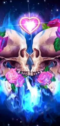 This bold live wallpaper features two skulls adorned with a Lisa Frank-inspired design, set against a background of cyberpunk artwork and red roses