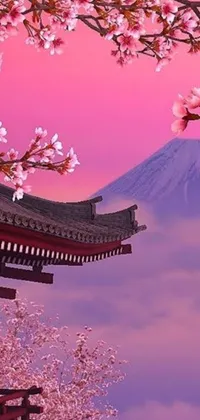 This stunning live wallpaper features a gorgeous pink sky with a mountain and sakura flowers in the foreground, creating a mesmerizing landscape