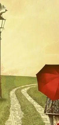 This phone live wallpaper showcases a stunning digital art image of a woman walking down a peaceful path with a red umbrella under elegant lamp posts