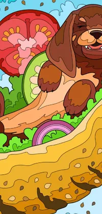 Looking for a fun and quirky wallpaper for your phone? Check out this vector art design featuring an adorable dog sitting on a hot dog in a bun! The furry art style and warm, Hearthstone-inspired coloring make this wallpaper stand out, while the beautiful background and sunbathing pup add a playful touch