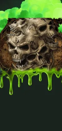 This live phone wallpaper showcases stunning artwork of skulls atop a pile of pulsating, green liquid