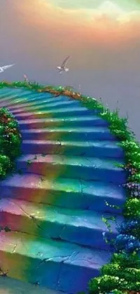 This live wallpaper features a rainbow-colored staircase leading to the ocean in an airbrush painting style