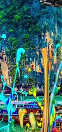 This 3D live wallpaper showcases a tranquil body of water filled with colorful boats in an abstract landscape