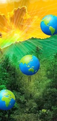 This live phone wallpaper is a mystifying digital artwork with blue and green globes hovering in the air surrounded by a luscious jungle background