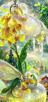 This enchanting live wallpaper features a glass vase filled with countless yellow flowers in a magical village