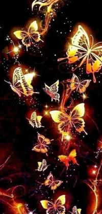 This Live Phone Wallpaper features a colorful bunch of butterflies flying through the air with glowing lights in the background
