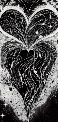 This phone live wallpaper features a stylish black and white ink drawing of a heart with delicate lines, inspired by vorticism and a web of tendrils for an ultra-cool effect