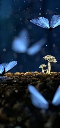 This enchanting phone live wallpaper features a group of blue butterflies gracefully flying around a mushroom in a serene, moonlit forest
