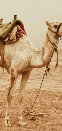 Enhance the look of your phone screen with a mesmerizing wallpaper displaying a standing camel in the dirt