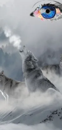 This live wallpaper showcases a group of wolves standing on a snow-covered hill, surrounded by smoke