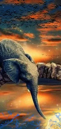This beautiful phone live wallpaper showcases a magical realism elephant sitting on a tree branch, looking at a stunning sunset, emanating a feeling of profound sadness