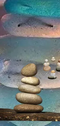 This live wallpaper features a digital rendering of rocks on a wooden stick, with inspiration from chakras and healing pods