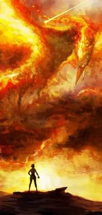 This fiery phone live wallpaper features a bold attack on titan anime style, depicting a fierce fire dragon facing off against a human