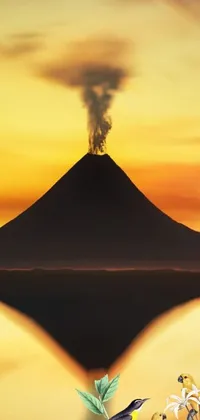 This phone live wallpaper features a stunning image of a colorful bird perched on the edge of a peaceful lake with a towering volcano in the background emitting rising smoke