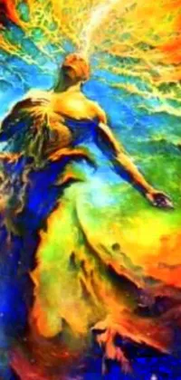 This phone live wallpaper shows a captivating painting of a surfer riding a multicolored wave