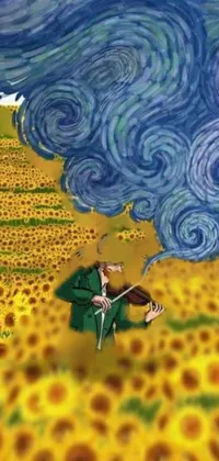 This stunning phone live wallpaper features a beautiful painting of a man playing a violin in a field of sunflowers, with bold and swirling brushstrokes that evoke the work of famous artists