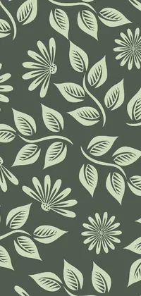 This phone live wallpaper boasts a beautiful pattern of leaves and flowers on a green background