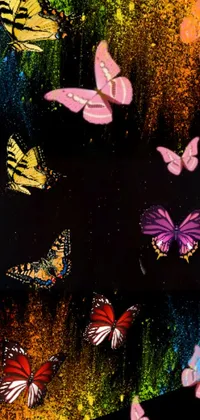 This phone wallpaper displays a colorful group of butterflies on a black background, rendered digitally using graffiti-inspired design