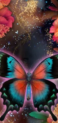 This phone live wallpaper features a colorful butterfly perched on top of vibrant flowers