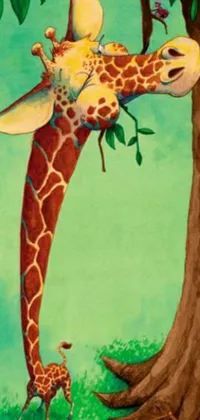 Check out this amazing phone live wallpaper featuring a beautiful giraffe eating leaves from a tree branch with a baby giraffe