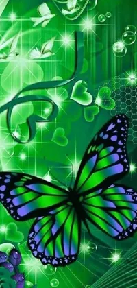 This stunning phone live wallpaper features a green and blue butterfly set against a textured green background