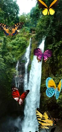 This phone live wallpaper features a gorgeous image of a group of butterflies flying over a stunning waterfall in a lush forest