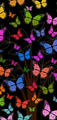 This phone live wallpaper features a colorful tree surrounded by flying butterflies