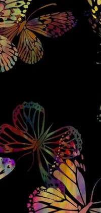 This phone live wallpaper boasts a mesmerizing digital artwork with a group of vibrant butterflies against a black background