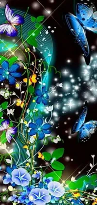 This phone live wallpaper features a black background with blue flowers and butterflies, created with digital art by a skilled artist