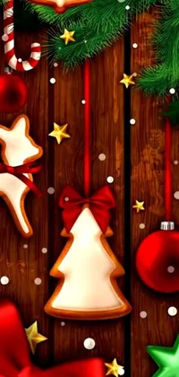 Enjoy the holiday spirit on your phone's wallpaper with this digital rendering of a wooden table topped with Christmas decorations