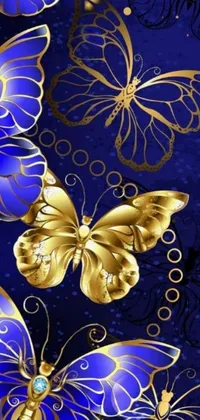 This exquisite phone wallpaper showcases an array of blue and gold butterflies set against a serene blue background