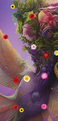 This live wallpaper portrays a brilliantly painted bird holding a bouquet of flowers against a mesmerizing, multicolored background pattern
